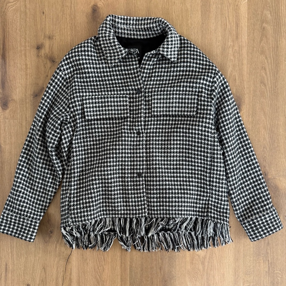 Zara Black & White Houndstooth Fringe Jacket